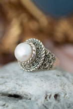 Load image into Gallery viewer, Sterling Silver Pearl & Marcasite Ring
