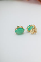 Load image into Gallery viewer, 14ct Gold Natural Chrysoprase Cabochon Stud Earrings, 
Delross Design Jewellers, Brisbane Jewellers, Custom Brisbane Jewellers, Brisbane Jewellery Repairs, Chermside West Jewellers