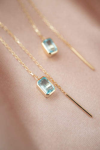 9ct Gold Blue Topaz Thread Earrings, Delross Design Jewellers, Chermside west Jewellers, Brisbane Custom Jewellers.