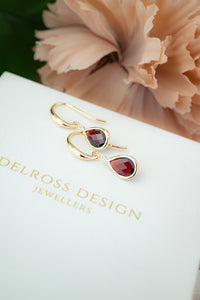 9ct Gold Garnet and Diamond Hook Earrings, Delross design Jewellers, Chermside west Jewellers, Custom jewellery