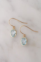 Load image into Gallery viewer, 9ct Gold Oval Checkerboard Faceted Swiss Blue Topaz Hook Earrings, Delross Design Jeweller, Brisbane Jeweller, Chermside Jeweller, Custom Jewellery