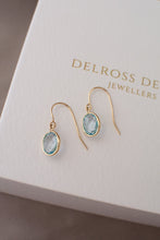 Load image into Gallery viewer, 9ct Gold Oval Checkerboard Faceted Swiss Blue Topaz Hook Earrings, Delross Design Jeweller, Brisbane Jeweller, Chermside Jeweller, Custom Jewellery
