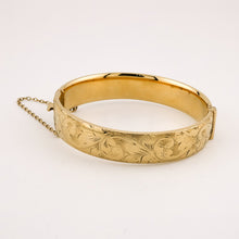 Load image into Gallery viewer, 9ct Gold Lined Oval Hinged Engraved Georg Jensen Bangle, Delross Design Jeweller, Brisbane Jeweller, Chermside Jeweller, Custom Jewellery