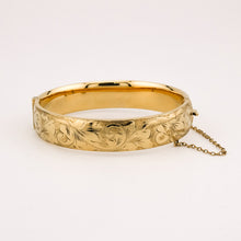 Load image into Gallery viewer, 9ct Gold Lined Oval Hinged Engraved Georg Jensen Bangle, Delross Design Jeweller, Brisbane Jeweller, Chermside Jeweller, Custom Jewellery