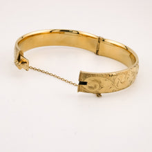 Load image into Gallery viewer, 9ct Gold Lined Oval Hinged Engraved Georg Jensen Bangle, Delross Design Jeweller, Brisbane Jeweller, Chermside Jeweller, Custom Jewellery