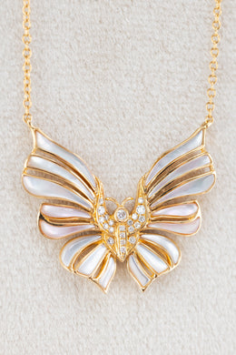 18ct yellow gold mother of pearl butterfly on 18ct yellow gold chain at Delross Design Jewellers