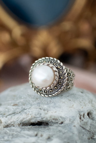 Sterling Silver Pearl & Marcasite Ring