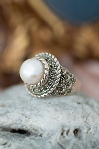 Sterling Silver Pearl & Marcasite Ring