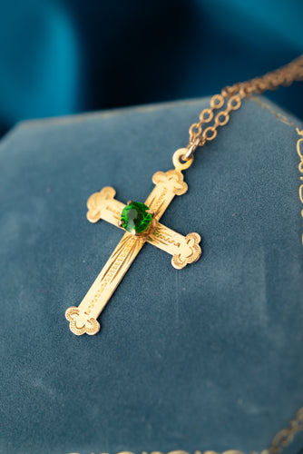 9ct Gold Vintage Cross with Green Synthetic Stone, Delross Design Jeweller, Brisbane Jeweller, Chermside Jeweller, Custom Jewellery 