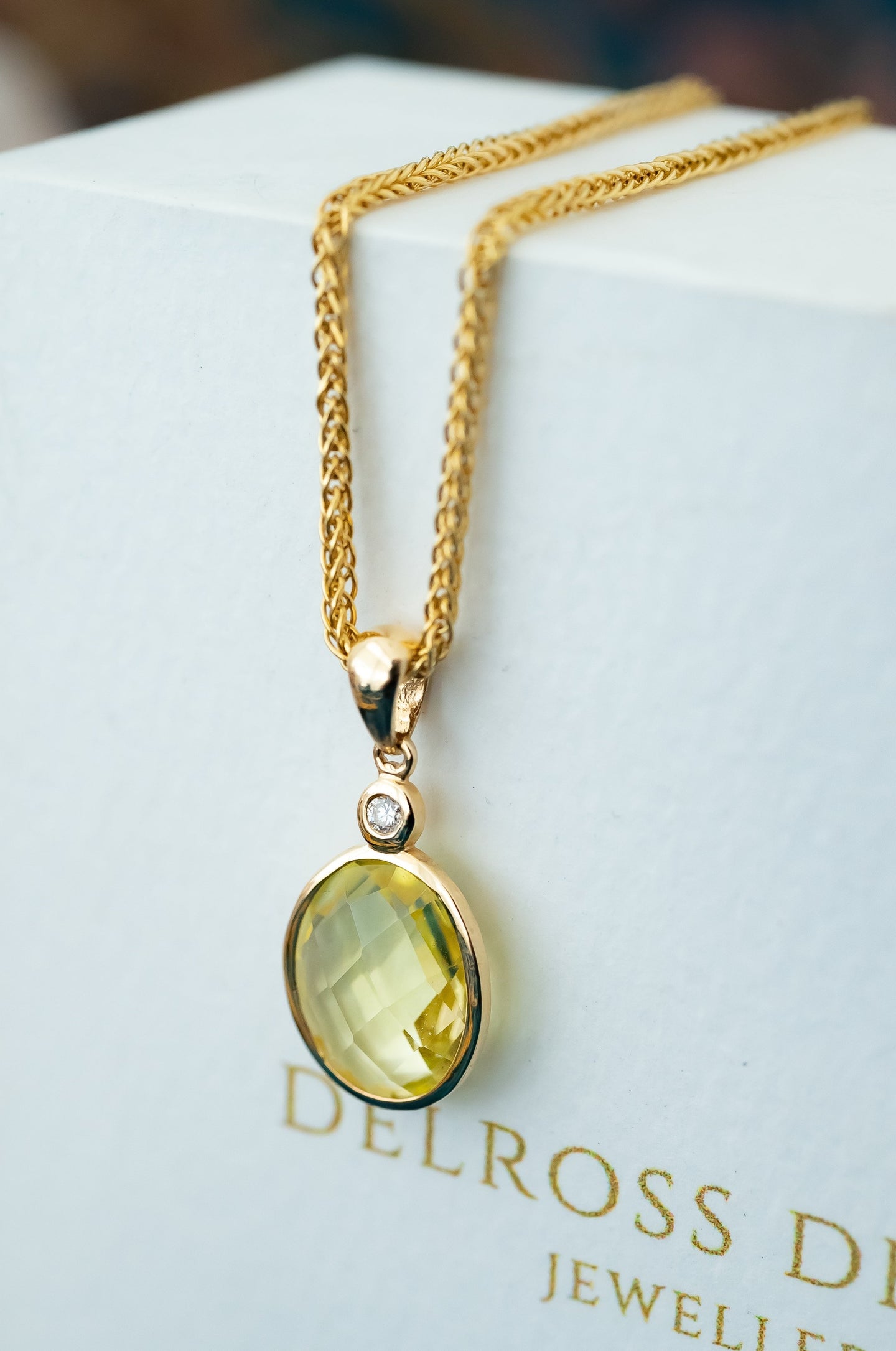 9ct Gold Lemon Quartz & Diamond Pendant, Delross Design Jeweller, Brisbane Jeweller, Chermside Jeweller, Custom Jewellery 