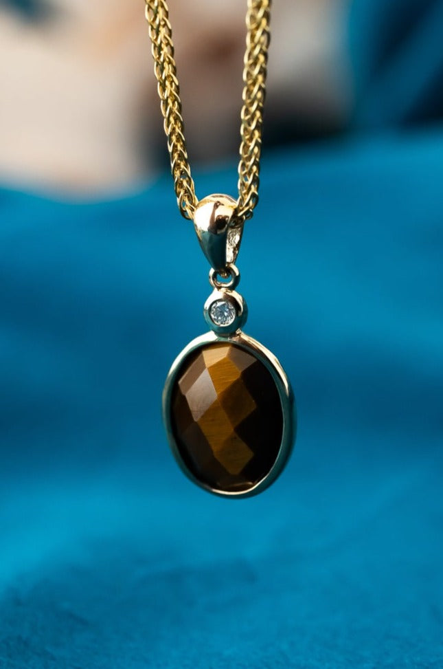 9ct Gold Tigers Eye & Diamond Pendant,Delross Design Jeweller, Brisbane Jeweller, Chermside Jeweller, Custom Jewellery