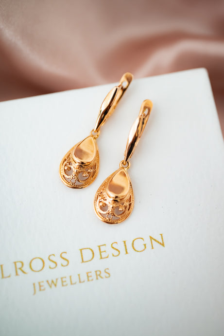 14ct Rose Gold Filigree Drop Earrings, Delross Design Jeweller, Brisbane Jeweller, Chermside Jeweller, Custom Jewellery