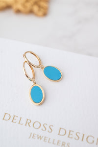 9ct Gold Turquoise Drop Huggie Earring, Delross Design Jeweller, Brisbane Jeweller, Chermside Jeweller, Custom Jewellery