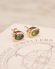 Load image into Gallery viewer, 18ct Yellow Gold Handmade Oval Parti Sapphire Stud Earrings