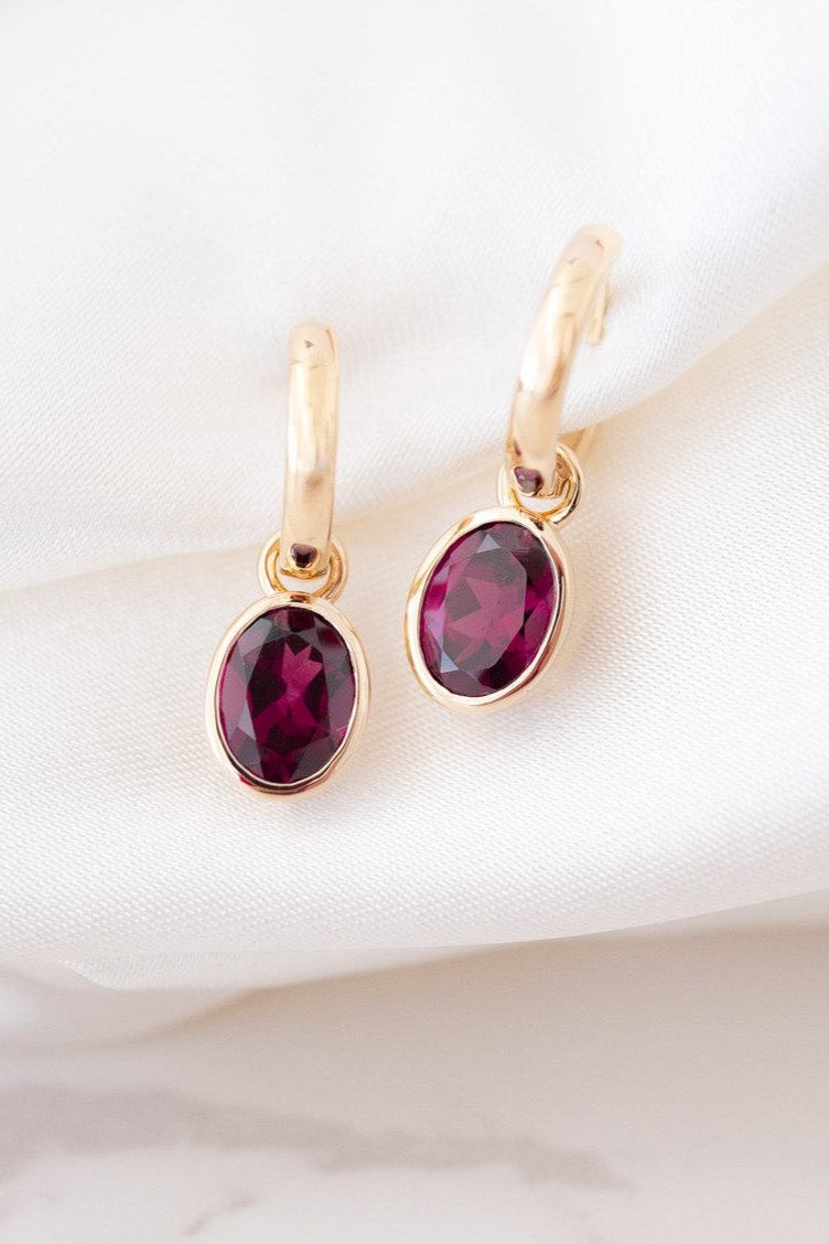 9ct Gold Rhodolite Garnet Huggie Drop Earrings - Main Image