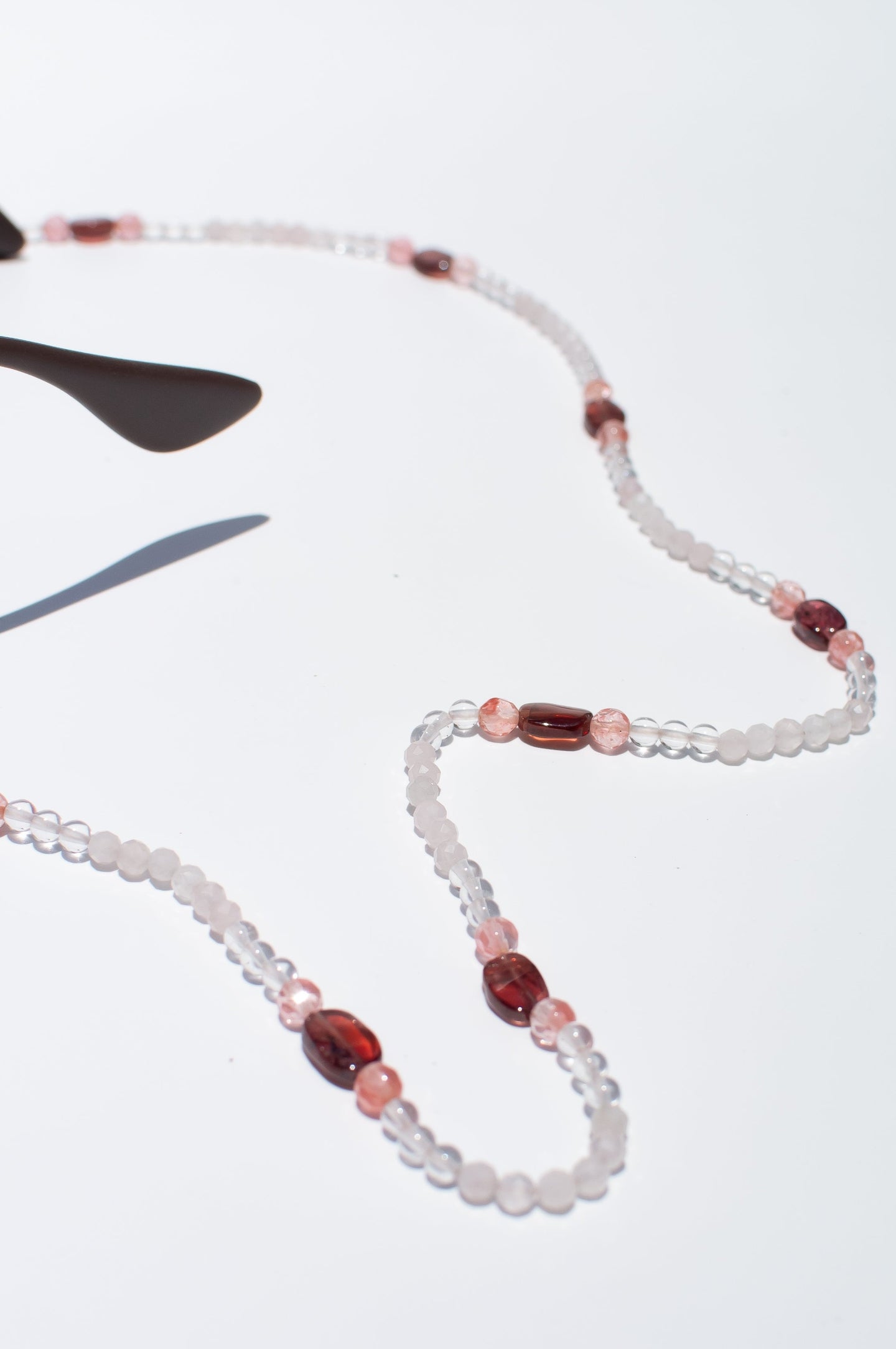 Rose Quartz, Clear Quartz, Cherry Quartz & Garnet Glasses Strand, Delross Design Jewellers, Chermside West Jeweller, Brisbane Jeweller, Custom Jeweller. 