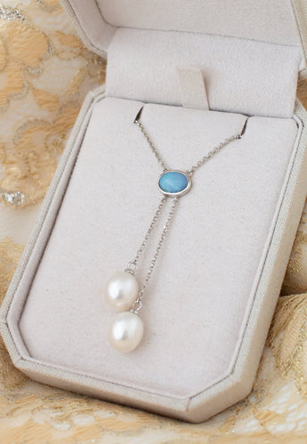 Sterling Silver Solid Opal with Pearl Lariat Necklace