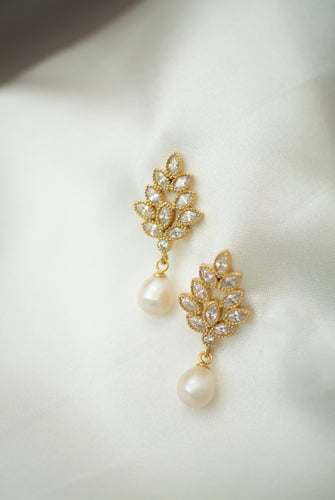 Yellow Gold Plated Sterling Silver Cubic Zirconia Pearl Stud Earrings