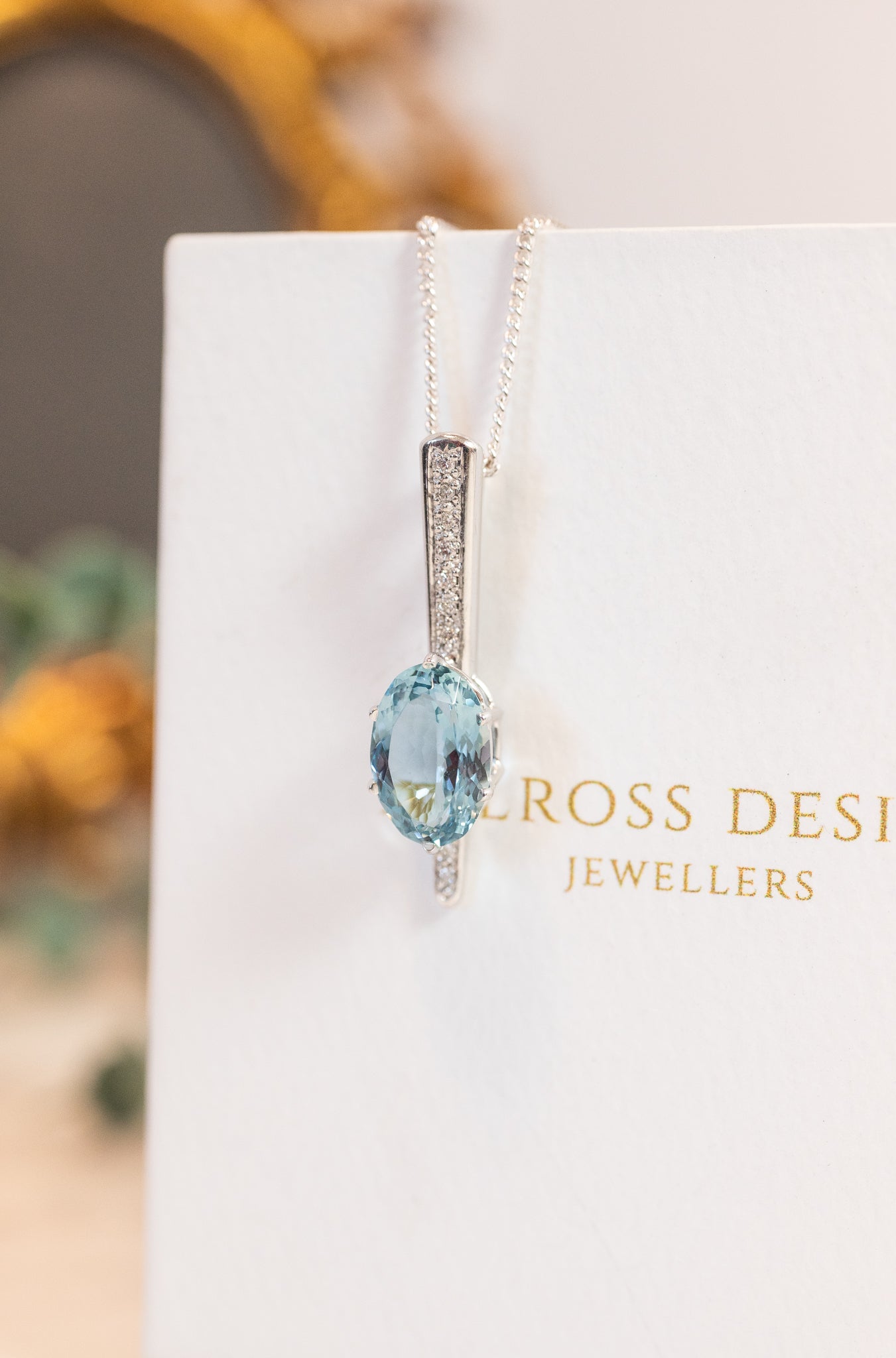 18ct White Gold Aquamarine & Diamond Pendant, Delross Design Jewellers, Custom Jewellery, Chermside west Jewellers.