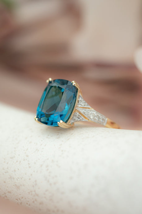 9ct Gold London Blue Topaz & Diamond Ring, Delross Design Jewellers, Custom Jewellers, Chermside west Jewellers