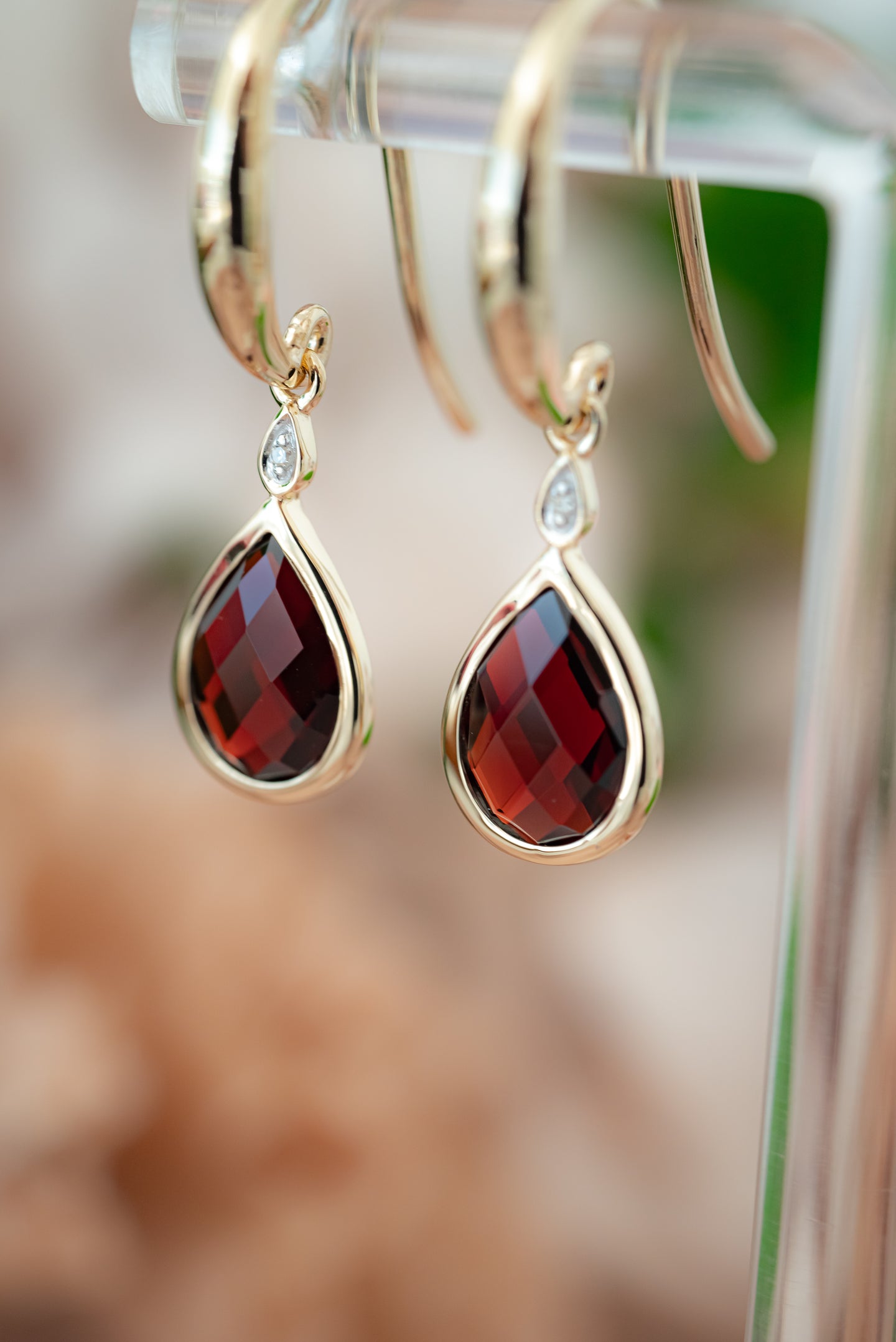 9ct Gold Garnet and Diamond Hook Earrings, Delross design Jewellers, Chermside west Jewellers, Custom jewellery