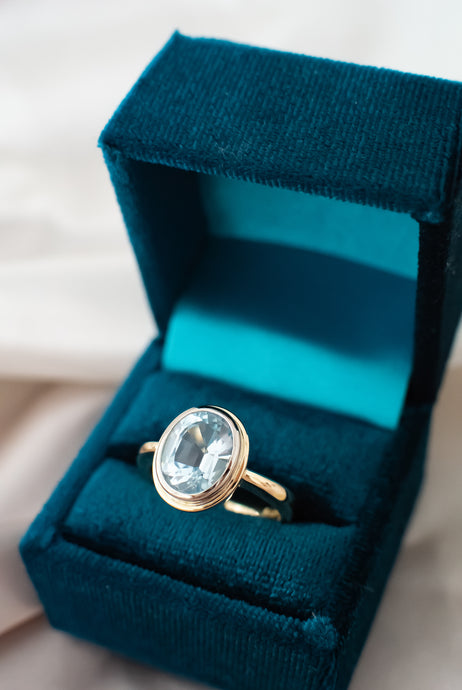 18ct Gold Handmade Swiss 3.75ct Blue Topaz Ring, Delross Design Jewellers, Brisbane Jewellers, Australia 