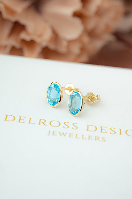9ct Gold Blue Topaz Stud Earrings, Delross design Jewellers, Chermside west Jewellers, Custom Jewellers