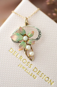 Art Nouveau Antique Diamond, Pearl, Delross Design Jeweller, Brisbane Jeweller, Chermside Jeweller, Custom Jewellery and Gold Floral Pendant