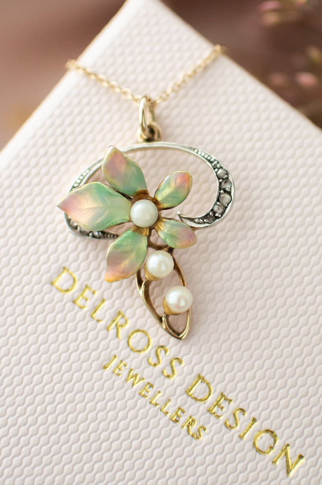 Art Nouveau Antique Diamond, Pearl, Delross Design Jeweller, Brisbane Jeweller, Chermside Jeweller, Custom Jewellery and Gold Floral Pendant