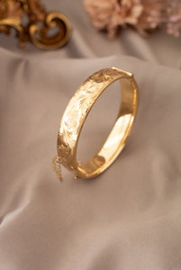 9ct Gold Lined Oval Hinged Engraved Georg Jensen Bangle, Delross Design Jeweller, Brisbane Jeweller, Chermside Jeweller, Custom Jewellery