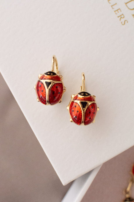 14ct Gold Red Enamel Lady Bug Continental Hook Earring, Delross Design Jeweller, Brisbane Jeweller, Chermside Jeweller, Custom Jewellery
