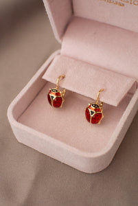 14ct Gold Red Enamel Lady Bug Continental Hook Earring, Delross Design Jeweller, Brisbane Jeweller, Chermside Jeweller, Custom Jewellery