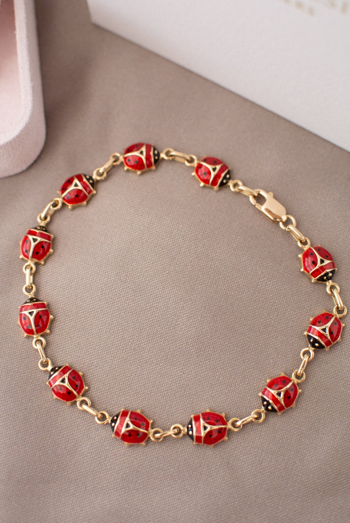 14ct Gold Red Enamel Lady Bug Bracelet,  Delross Design Jeweller, Brisbane Jeweller, Chermside Jeweller, Custom Jewellery