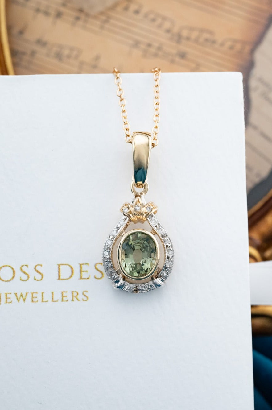 9ct Yellow & White Gold Tourmaline & Diamond Enhancer Pendant,  Delross Design Jewellers, Brisbane Jewellers, Custom Brisbane Jewellers, Brisbane Jewellery Repairs, Chermside West Jewellers   