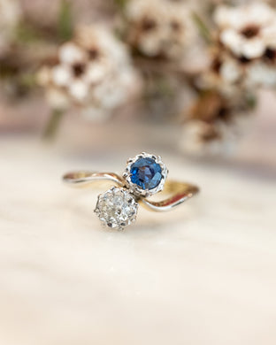 Antique 18ct & Platinum Old Cut Diamond & Sapphire Toi et Moi Ring