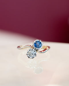 Antique 18ct & Platinum Old Cut Diamond & Sapphire Toi et Moi Ring