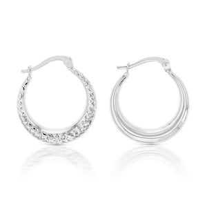 9ct White Gold Diamond Cut Crescent Hoop Earrings