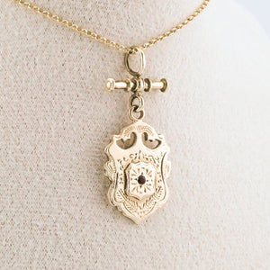 9ct Gold & Garnet Shield Pendant, Delross Design Jeweller, Brisbane Jeweller, Chermside Jeweller, Custom Jewellery